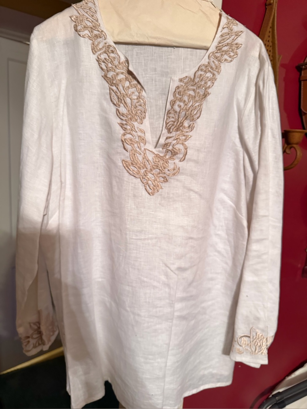 Marisa Christina White Linen Tunic with Gold Embroidery